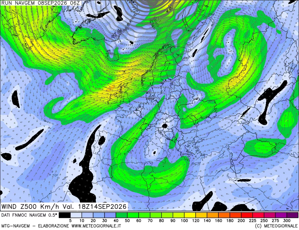 mappa Direzione e forza del vento a 500hPa