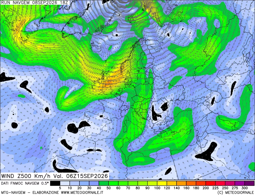 mappa Direzione e forza del vento a 500hPa