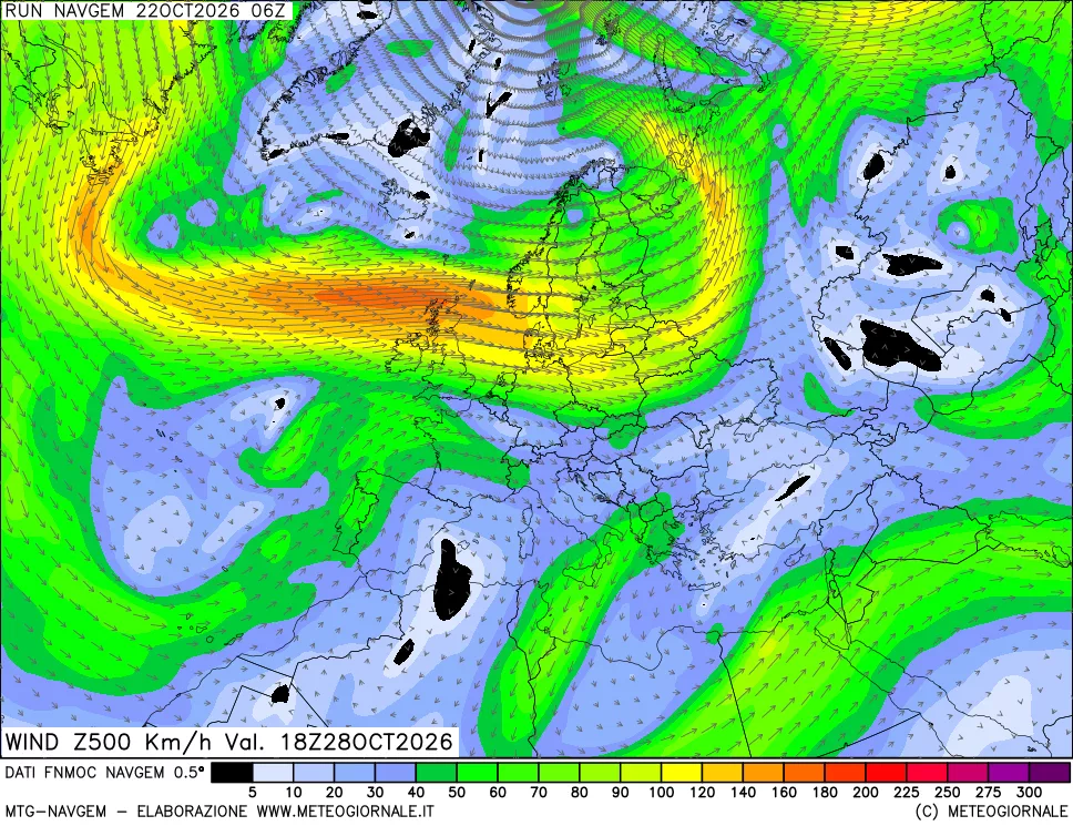 mappa Direzione e forza del vento a 500hPa