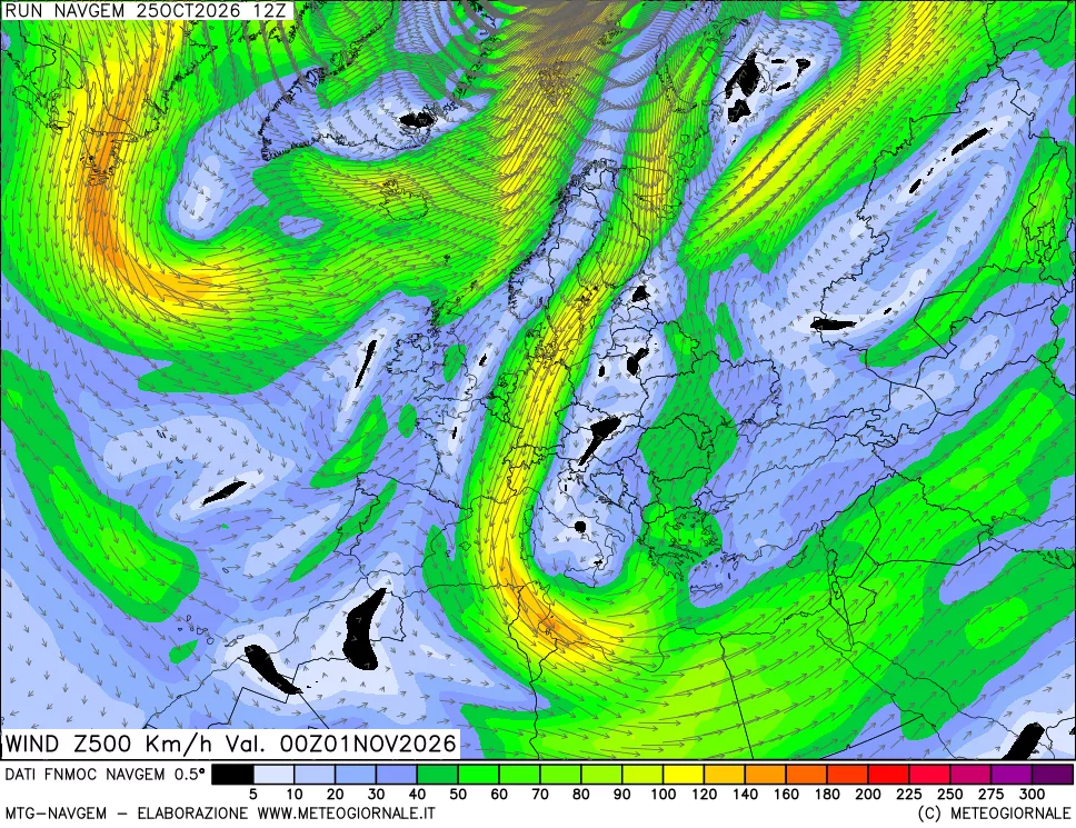 mappa Direzione e forza del vento a 500hPa