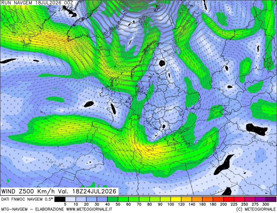 mappa Direzione e forza del vento a 500hPa