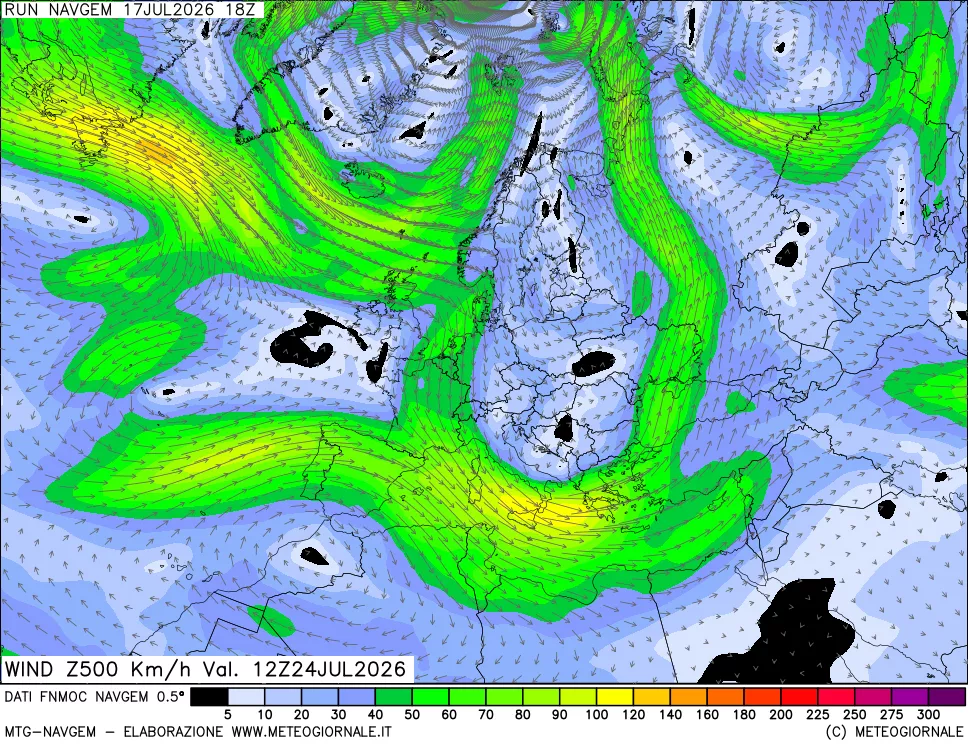 mappa Direzione e forza del vento a 500hPa