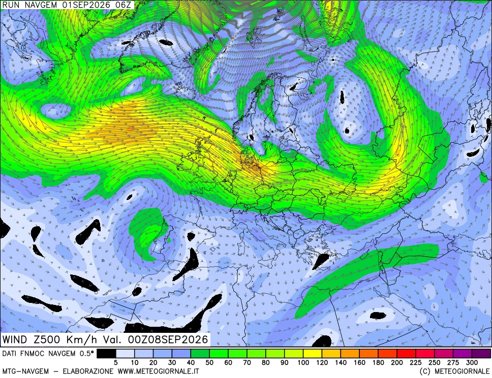 mappa Direzione e forza del vento a 500hPa
