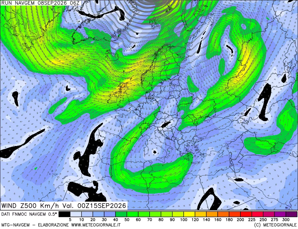 mappa Direzione e forza del vento a 500hPa