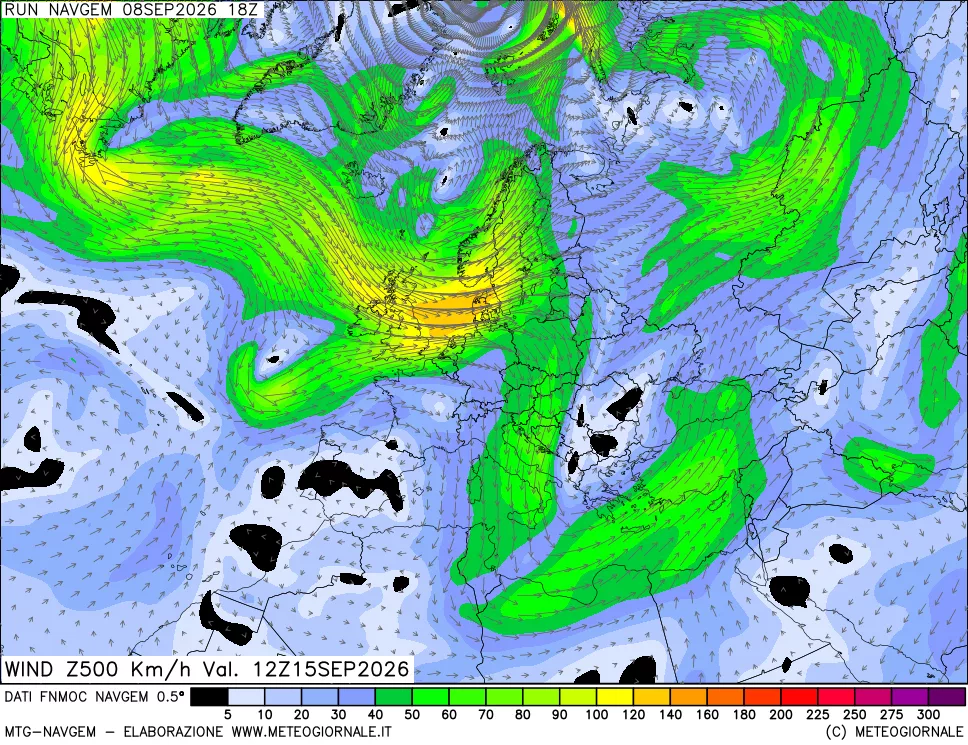 mappa Direzione e forza del vento a 500hPa