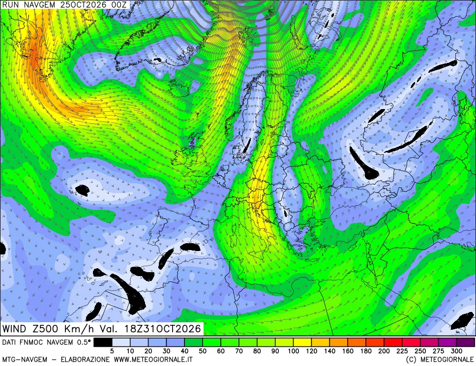 mappa Direzione e forza del vento a 500hPa