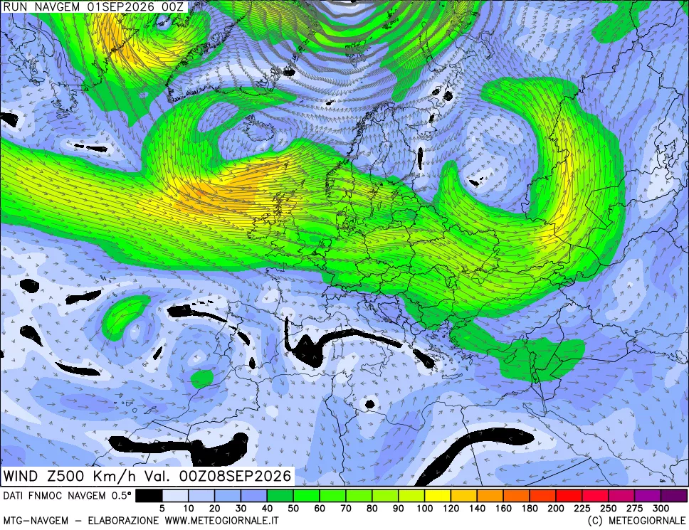 mappa Direzione e forza del vento a 500hPa