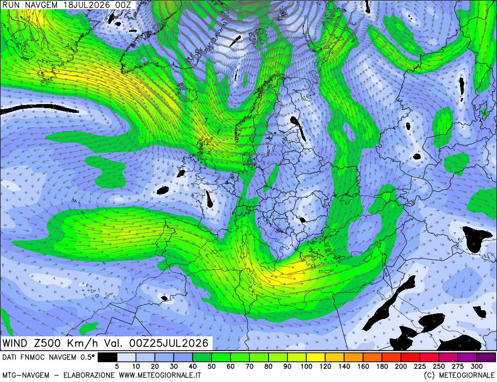 mappa Direzione e forza del vento a 500hPa