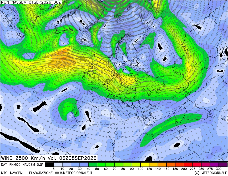 mappa Direzione e forza del vento a 500hPa