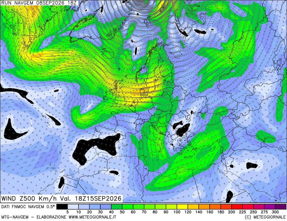 mappa Direzione e forza del vento a 500hPa
