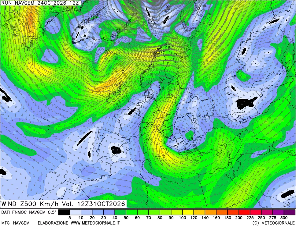 mappa Direzione e forza del vento a 500hPa