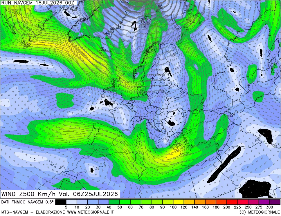 mappa Direzione e forza del vento a 500hPa