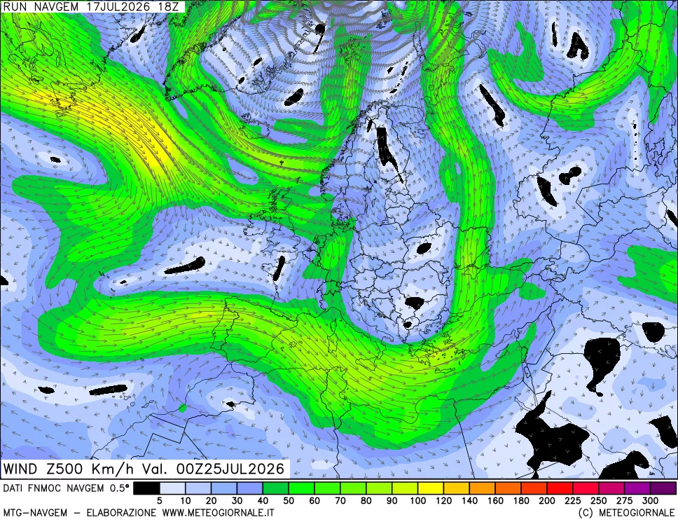 mappa Direzione e forza del vento a 500hPa