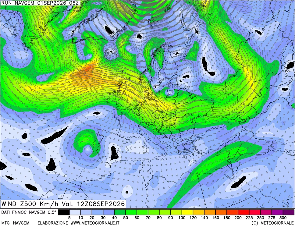 mappa Direzione e forza del vento a 500hPa