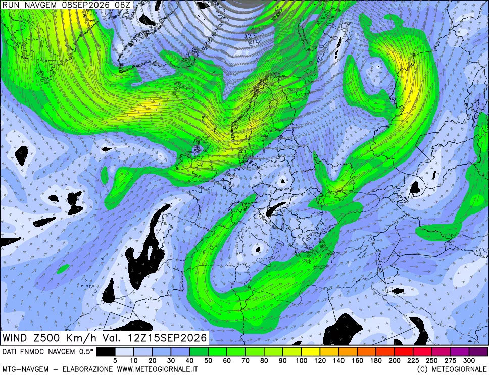 mappa Direzione e forza del vento a 500hPa
