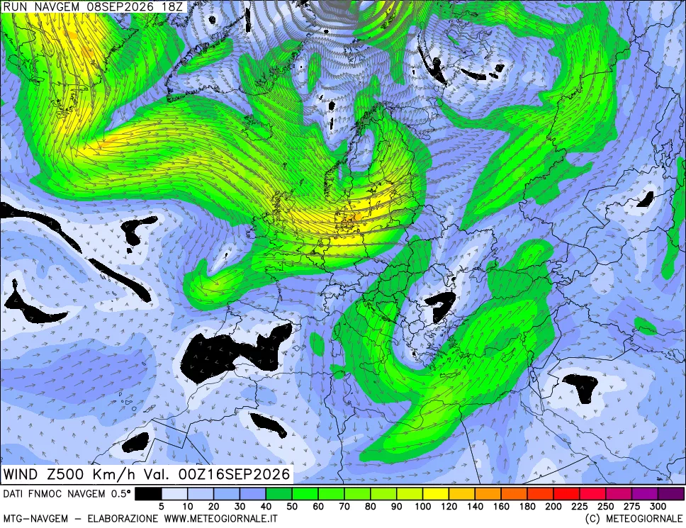 mappa Direzione e forza del vento a 500hPa