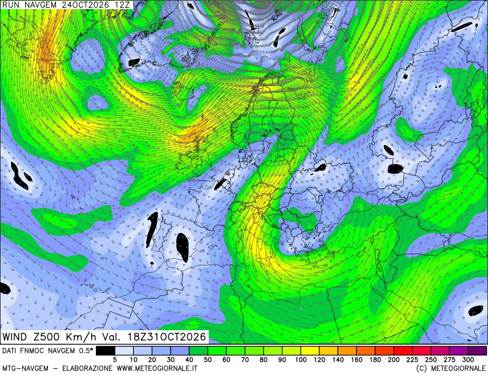 mappa Direzione e forza del vento a 500hPa