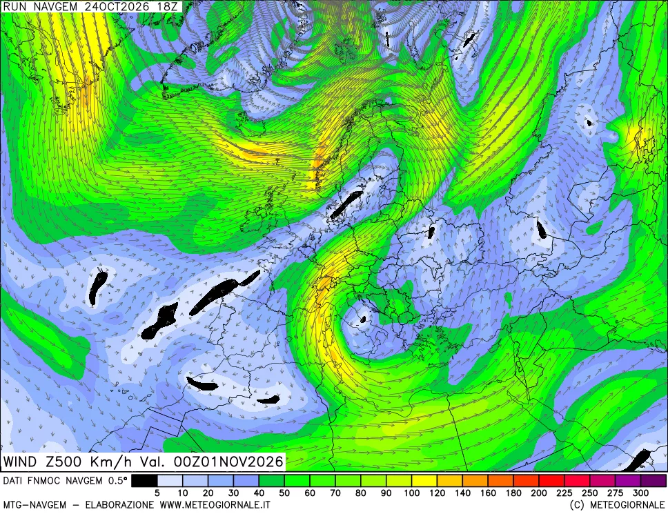 mappa Direzione e forza del vento a 500hPa