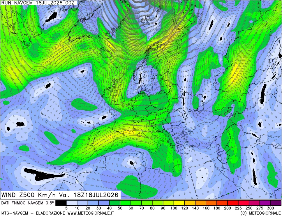 mappa Direzione e forza del vento a 500hPa