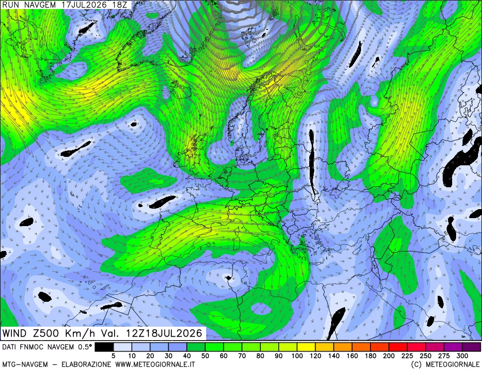 mappa Direzione e forza del vento a 500hPa