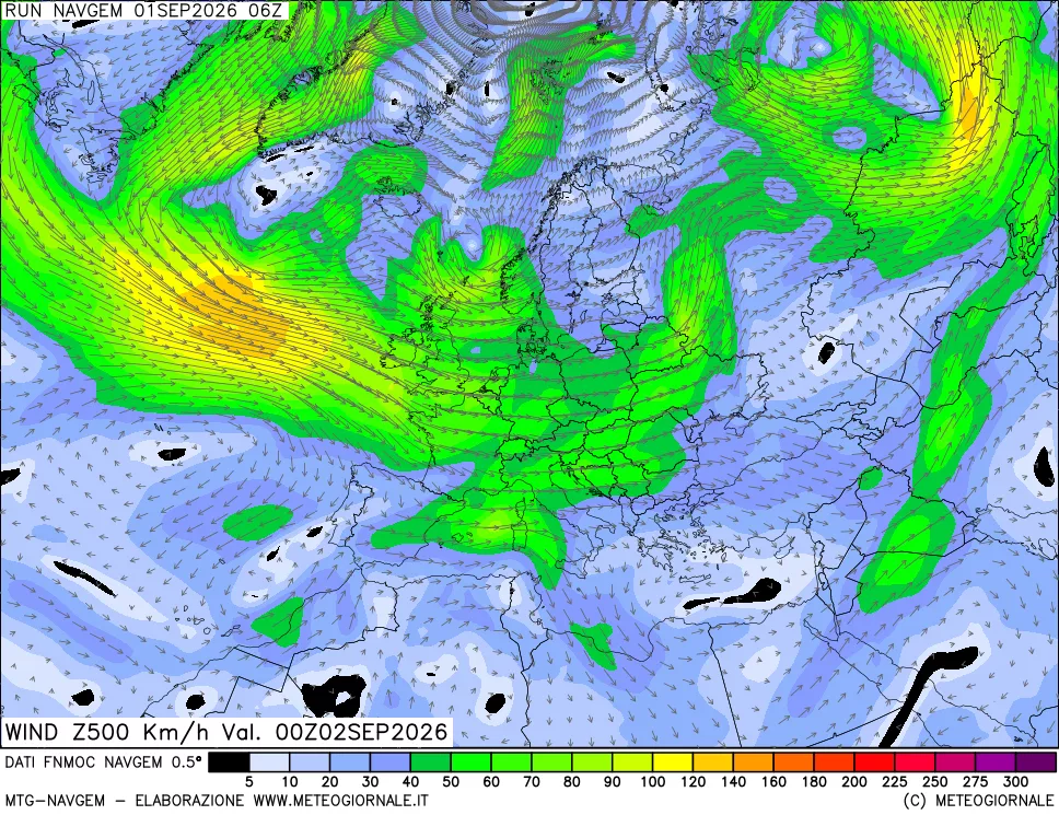 mappa Direzione e forza del vento a 500hPa