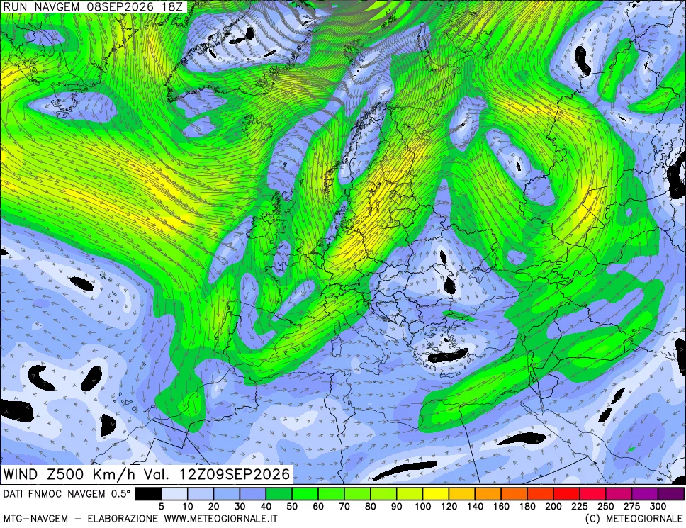 mappa Direzione e forza del vento a 500hPa