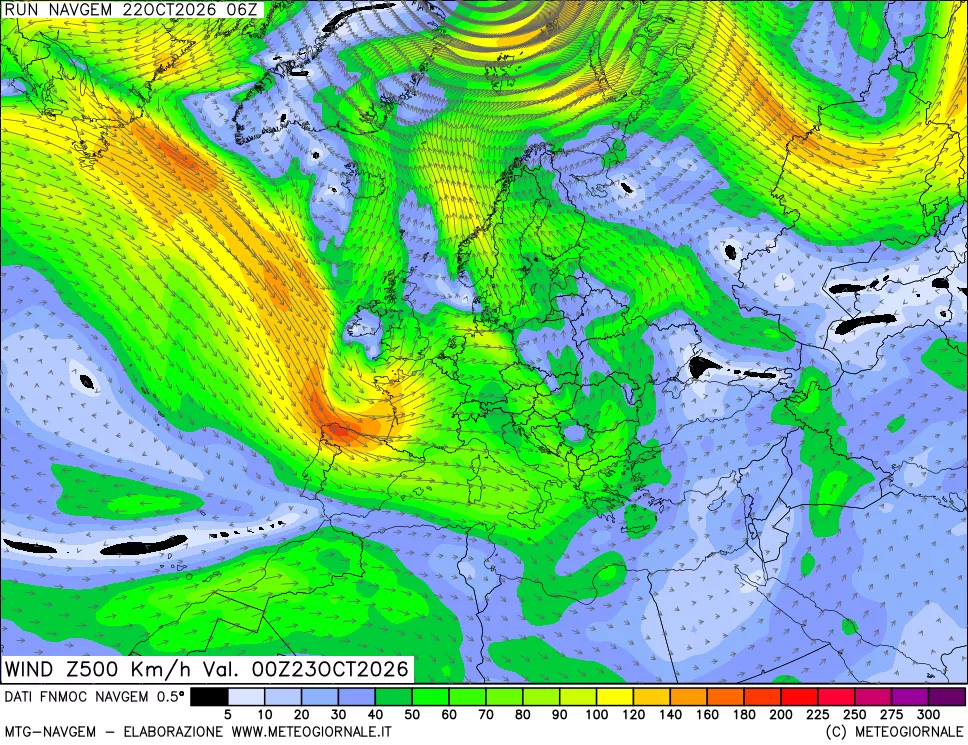 mappa Direzione e forza del vento a 500hPa