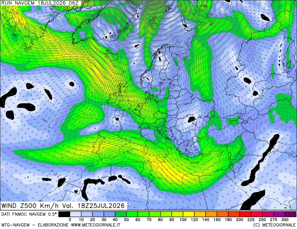 mappa Direzione e forza del vento a 500hPa