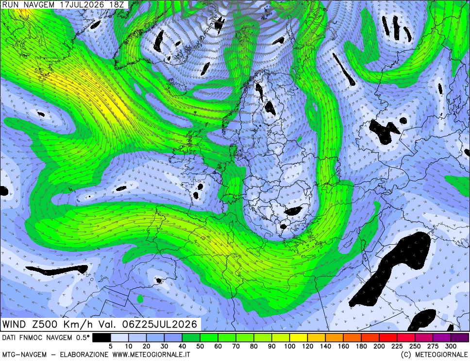 mappa Direzione e forza del vento a 500hPa