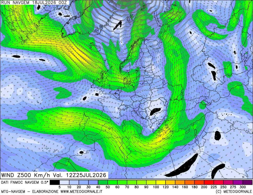 mappa Direzione e forza del vento a 500hPa
