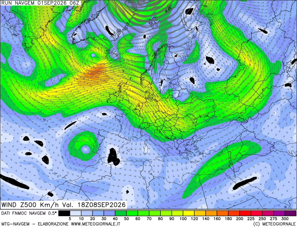 mappa Direzione e forza del vento a 500hPa