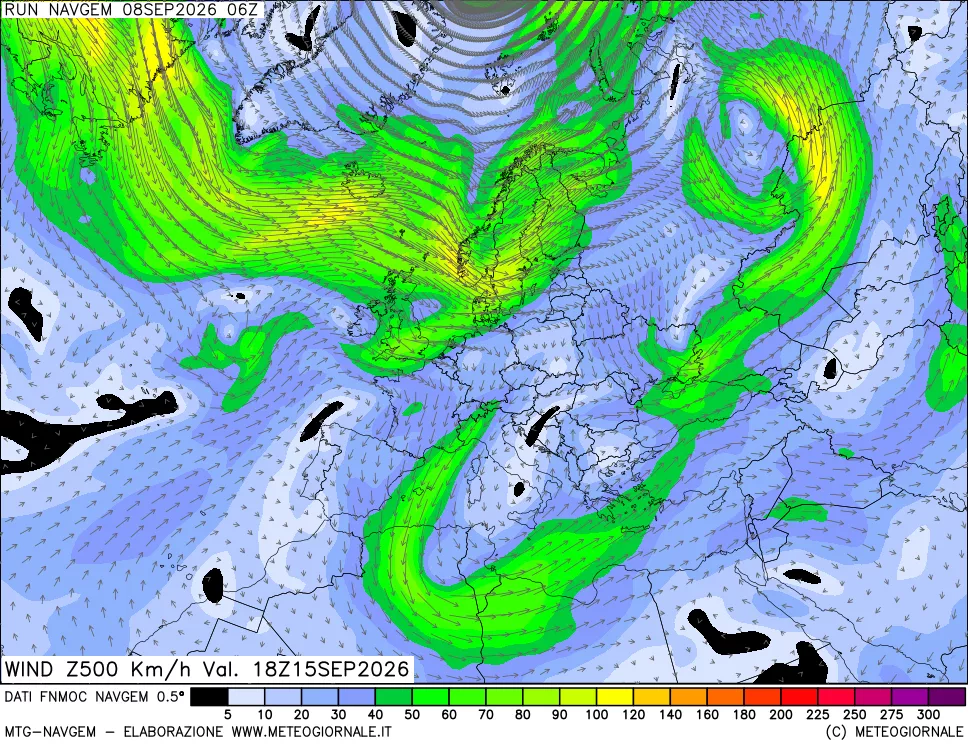 mappa Direzione e forza del vento a 500hPa