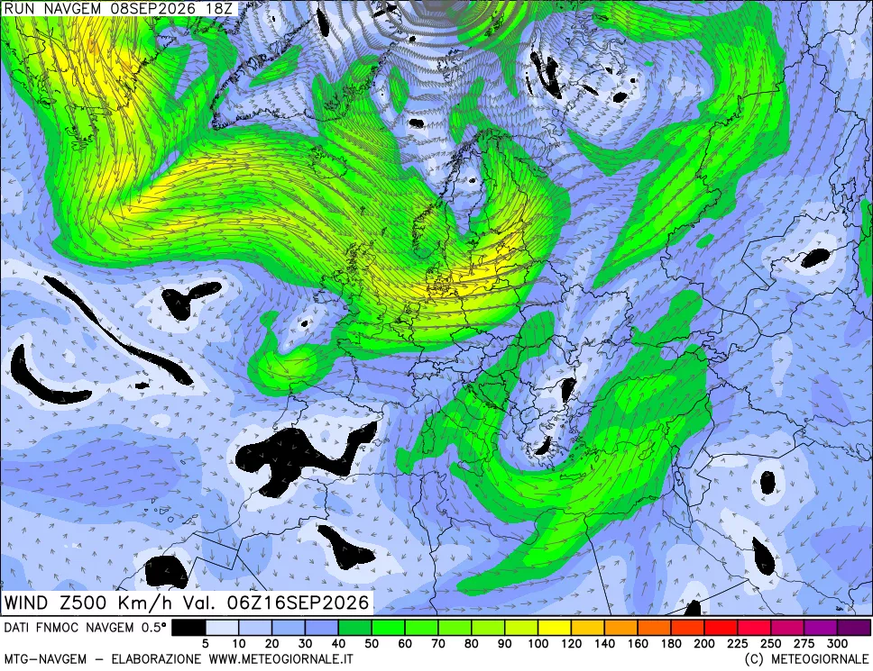 mappa Direzione e forza del vento a 500hPa