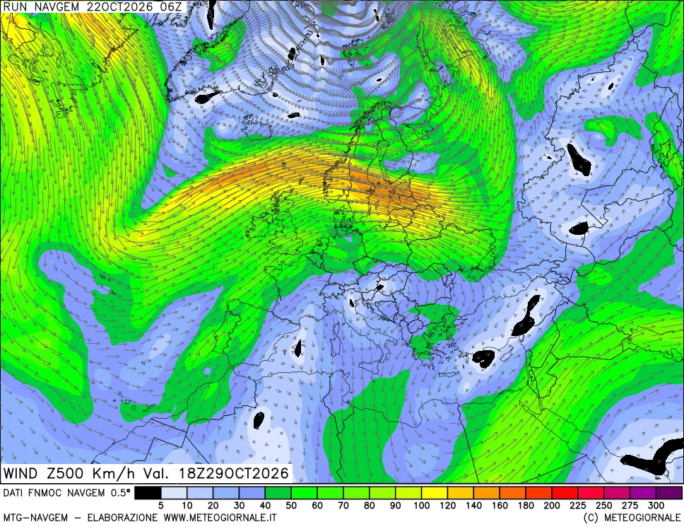 mappa Direzione e forza del vento a 500hPa