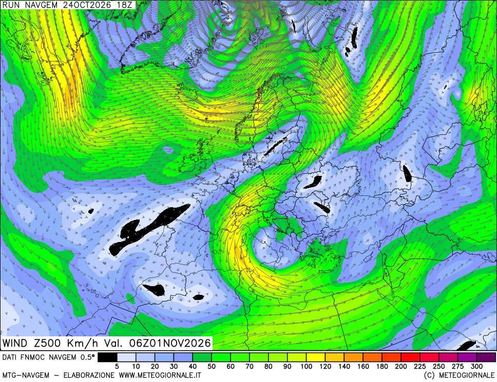 mappa Direzione e forza del vento a 500hPa