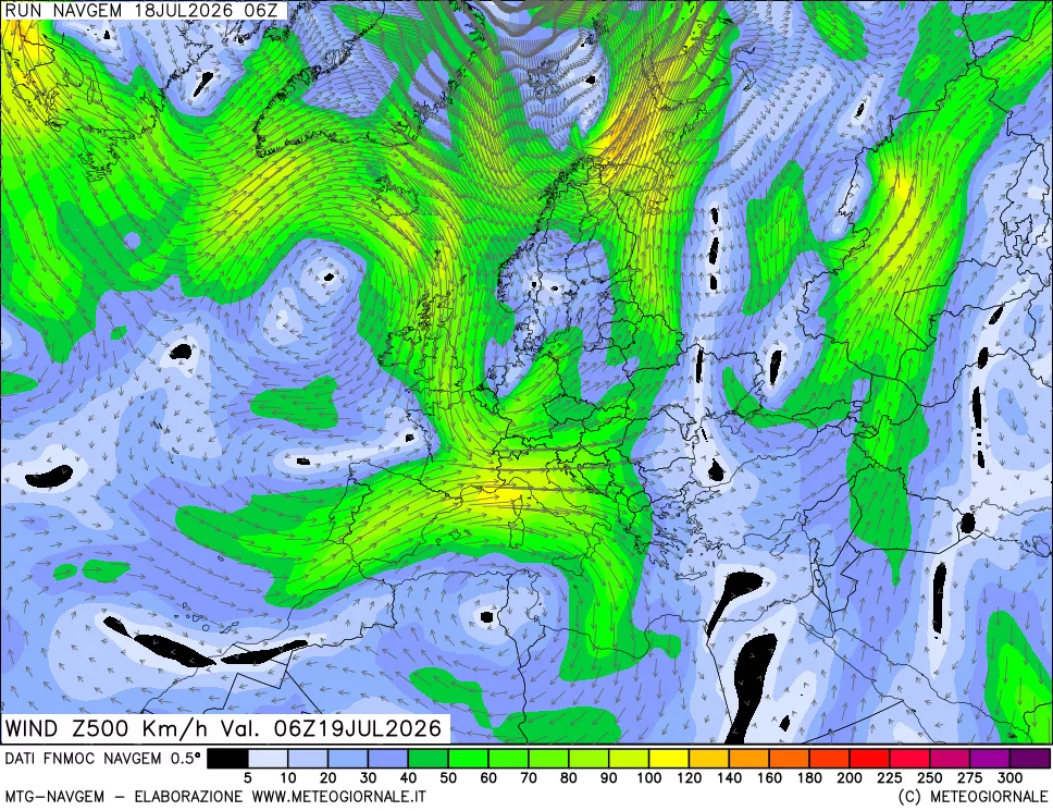 mappa Direzione e forza del vento a 500hPa