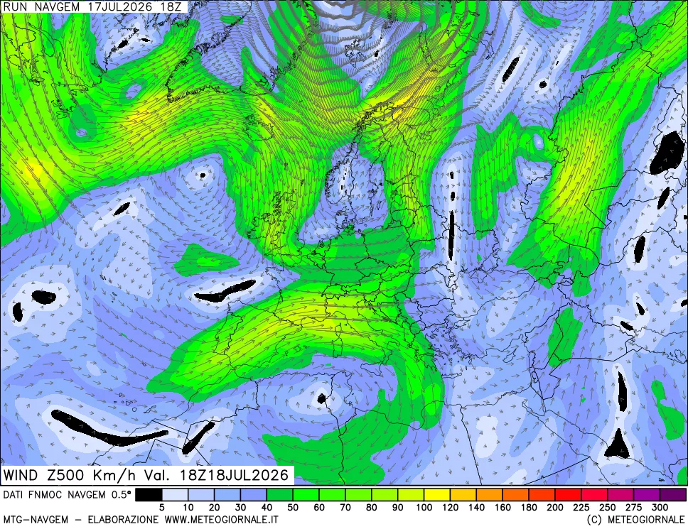 mappa Direzione e forza del vento a 500hPa