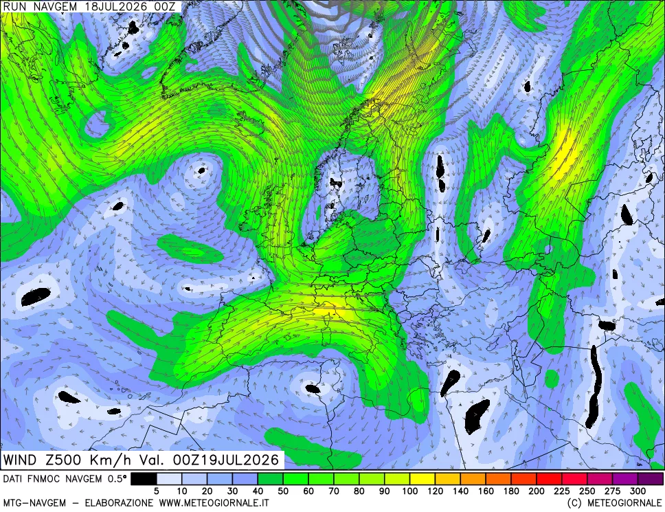 mappa Direzione e forza del vento a 500hPa