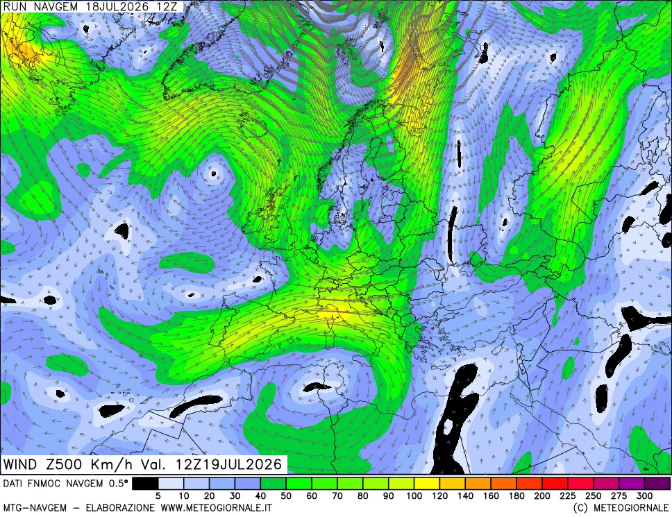 mappa Direzione e forza del vento a 500hPa
