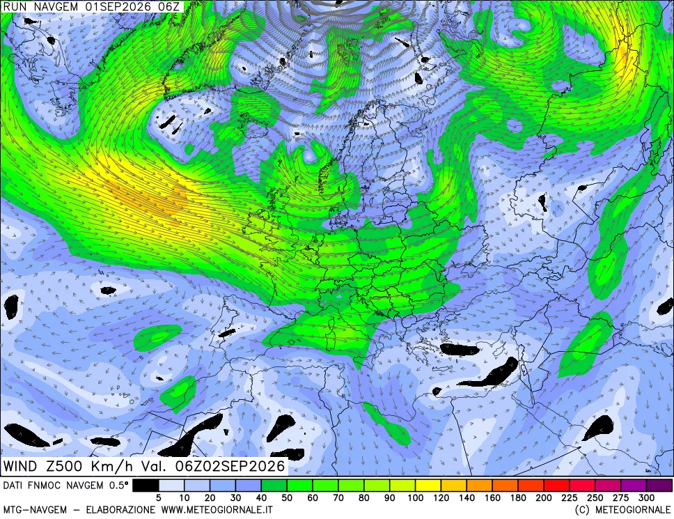 mappa Direzione e forza del vento a 500hPa