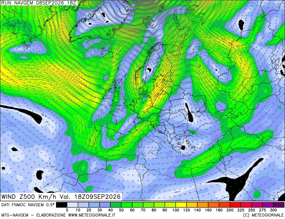 mappa Direzione e forza del vento a 500hPa