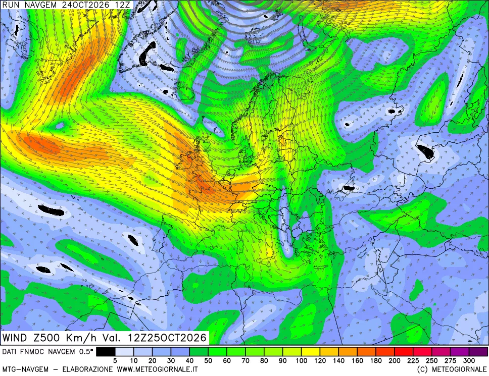 mappa Direzione e forza del vento a 500hPa