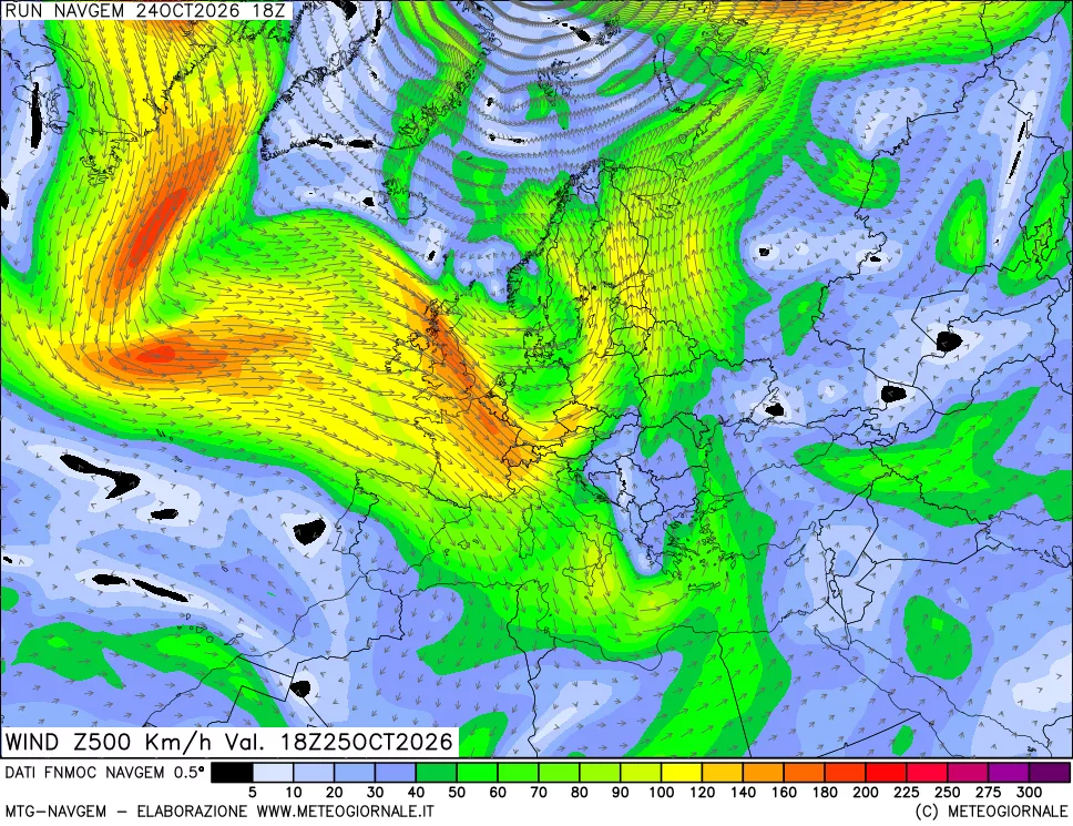 mappa Direzione e forza del vento a 500hPa