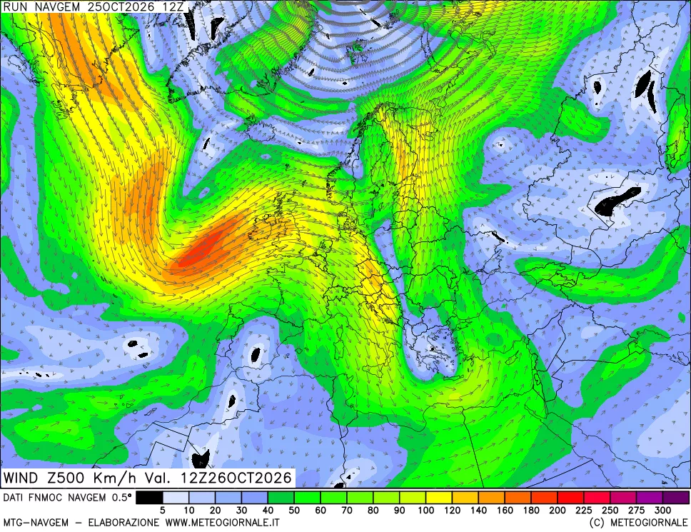 mappa Direzione e forza del vento a 500hPa
