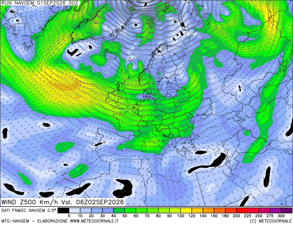 mappa Direzione e forza del vento a 500hPa