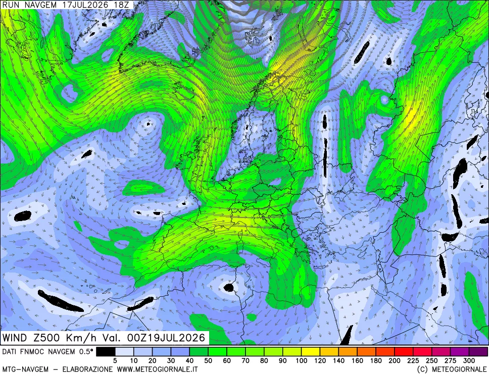 mappa Direzione e forza del vento a 500hPa