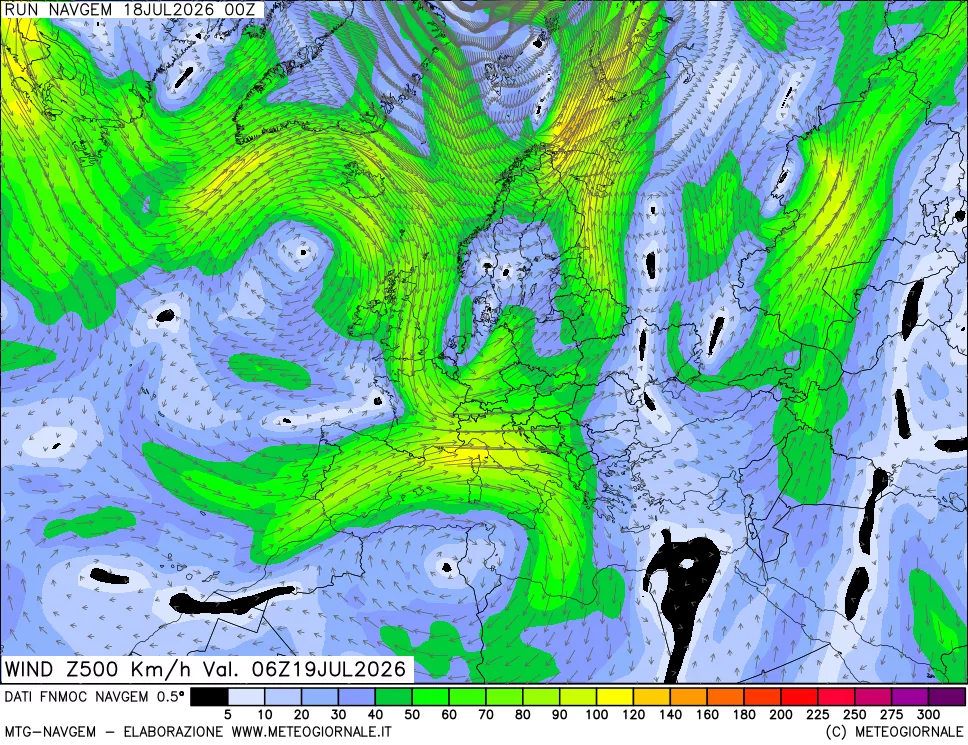 mappa Direzione e forza del vento a 500hPa