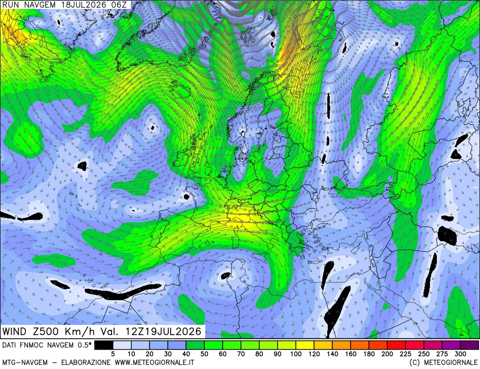 mappa Direzione e forza del vento a 500hPa