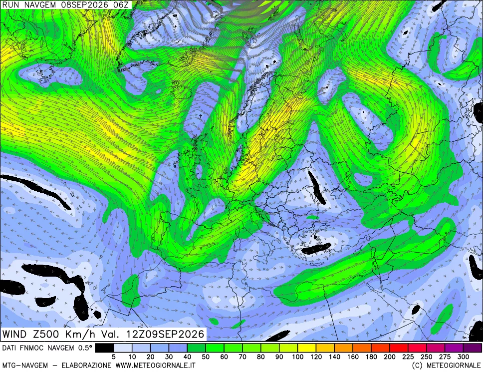 mappa Direzione e forza del vento a 500hPa