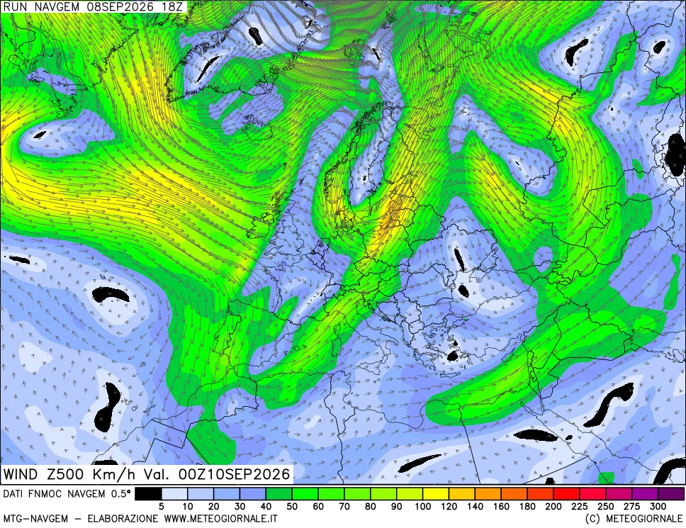 mappa Direzione e forza del vento a 500hPa